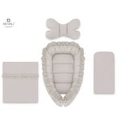 MimiNu - Set 4 in 1 Cosulet bebelus Baby Cocoon 90x50 cm, Cu volanase, Husa 100% bumbac, Cu paturica cu volanase 50x70 cm, Cu salteluta 60x32 cm, Cu perna fluture 40x27 cm, Colectia Royal, Beige BYN6426972012553