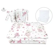 MimiNu - Set lenjerie patut 5 piese, Cu volanase, Cu pilota si perna, Din bumbac, Pentru patut 120x60 cm, Design, Pink Ballerina BYN6426972012621