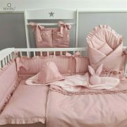 MimiNu - Set lenjerie patut cu 6 piese, Cu volanase, Cu pilota si perna, Cu doua aparatori laterale, Din bumbac, Pentru patut 120x60 cm, Colectia Royal, Powder Pink BYN6426972014939