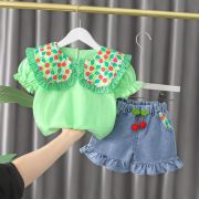 Costumas cu bluzita verde si pantalonasi din blugi - cirese (marime disponibila: 2 ani) adxq1899-2-dg.2 ani