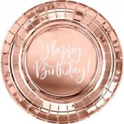 Set 6 farfurii de unica folosinta roz auriu Happy Birthday 18 cm JUBHB-TPP75-019R
