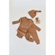 Set 3 piese: body cu maneca lunga, panataloni lungi si caciulita din bumbac organic si modal - Maro (Marime: 6-9 luni) JEMBC-CSYM22506-6