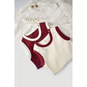 Set 2 body-uri fara maneci Ribana Bebe Unisex din bumbac organic si 5%elastan - Ecru/Bordo (Marime: 3-6 Luni) JEMBC-CSYR4101-3