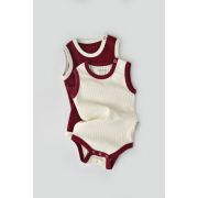 Set 2 body-uri fara maneci Ribana Bebe Unisex din bumbac organic si 5%elastan - Ecru/Bordo (Marime: 9-12 luni) JEMBC-CSYR4101-9