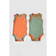 Set 2 body-uri fara maneci Ribana Bebe Unisex din bumbac organic si 5%elastan - Portocaliu/Verde (Marime: 12-18 Luni) JEMBC-CSYR4100-12