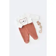 Salopeta Ursulet cu maneca lunga si botosei din 80%bumbac organic si 20% poliester - Caramiziu, Baby Cosy (Marime: 3-6 Luni) JEMBC-CSYK6013-3