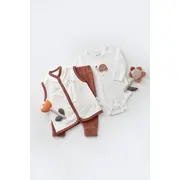 Set 3 piese Broscuta cu body, pantalonasi si vestuta din 80%bumbac organic si 20% poliester - Caramiziu, Baby Cosy (Marime: 18-24 Luni) JEMBC-CSYK6026-18