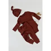 Set 3 piese: body cu maneca lunga, panataloni lungi si caciulita din bumbac organic si modal - Caramiziu, Baby Cosy (Marime: 18-24 Luni) JEMBC-CSYM22501-18