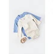 Set 2 body-uri cu maneca lunga bebe unisex -100% bumbac organic - Ecru/Bleu, Baby Cosy (Marime: 6-9 luni) JEMBC-CSY3024-6