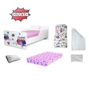 Pachet Complet Patut Copii 2-12 Ani Creativ Bufnite, Include Saltea Cu Lana, Husa Impermeabila, Set Lenjerie, Pilota Si Perna- ASC-ch-cmp-pro-str-buf-80