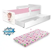Pat copii Balerina P2 2-12 ani cu sertar si 2 protectii laterale detasabile si saltea SafeNest cu lana inclusa - PC-P-MK-SRT-BAL-P2-80