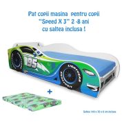Pat masina Speed X3 pentru copii 2-8 ani cu saltea SafeNest cu lana 140x70x6cm PC-P-MK-SPDX-3-70