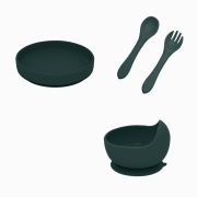 Petite&Mars - Set de hranire, Cu farfurie, Bol si tacamuri, Din silicon fara BFA, Verde inchis BYNPachetMasaVerde_1