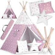 Cort de joaca pentru copii cu ghirlanda, lumini si 3 pernite nukido 120 x 120 x 165 cm - roz - alb edeedi740023