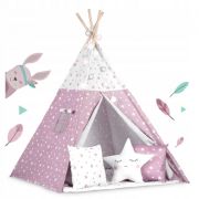 Cort de joaca pentru copii cu ghirlanda, lumini si 3 pernite nukido 120 x 120 x 165 cm - roz - alb edeedi740023