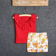 Set tricou rosu cu volanas si fusta cu floricele (Marime: 130) JEMdrl90