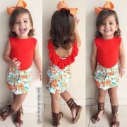 Set tricou rosu cu volanas si fusta cu floricele (Marime: 140) JEMdrl91