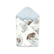 Qmini - Paturica de infasat cu doua fete, Cu multiple utilizari, Cu inchidere arici velcro, Dimensiune 75x75 cm, Din bumbac certificat Oeko Tex Standard 100, Teddy Bear and Friends Blue BYN6426972018272