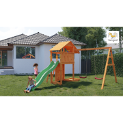 Complex joaca din lemn smart 2 cu leagane, zid de catarat si turn fungoo - okefu06760ptxx2
