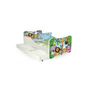 Pat pentru copii cu sertar, hm happy jungle, pal melaminat, saltea inclusa, 140x70 cm, multicolor drm10100