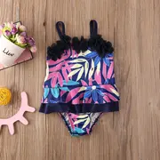 Costum de baie mov cu frunze si floricele aplicate (Marime: 110) JEMdrl47l25