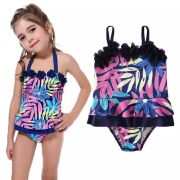 Costum de baie mov cu frunze si floricele aplicate (Marime: 80) JEMdrl47l22