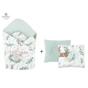 MimiNu - Set paturica de infasat cu doua fete, Dimensiune 75x75 cm + Perna bebelusi profilata, Cu doua fete, Cu functie anti-soc, Dimensiune 23x26 cm, Materiale certificate Oeko Tex Standard 100, Lulu Natural BYN5907501450059