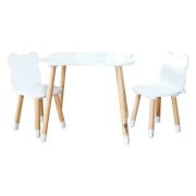 Set masuta si doua scaune pentru copii, Bear, Din lemn, Cu marginile rotunjite, FreeON, Alb BYN44282