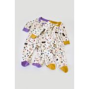 Set 2 salopetele cu maneca lunga si panataloni cu botosei si fermoar - 100%bumbac organic - Galben si Mov, Baby Cosy (Marime: 6-9 luni) JEMBC-CSY5811-6