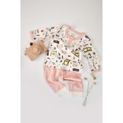 Set bluzita cu maneca lunga si nasturei si panataloni lungi, 100% bumbac organic, BabyCosy, Pudra (Marime: 18-24 Luni) JEMBC-CSY2006-18