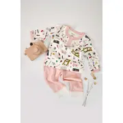 Set bluzita cu maneca lunga si nasturei si panataloni lungi, 100% bumbac organic, BabyCosy, Pudra (Marime: 6-9 luni) JEMBC-CSY2006-6