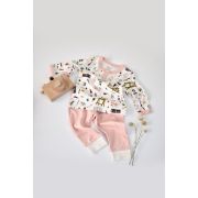 Set bluzita cu maneca lunga si nasturei si panataloni lungi, 100% bumbac organic, BabyCosy, Pudra (Marime: 6-9 luni) JEMBC-CSY2006-6