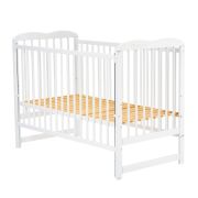Qmini - Patut din lemn Agata 120x60 cm, Cu laterala culisanta, Din lemn de pin, Stabil si rezistent, Inaltime saltea reglabila pe 3 nivele, Laterala cu 3 bete detasabile, EN716-1, EN716-2, Alb + Saltea 10 cm BYNQMAGA10CM03AL