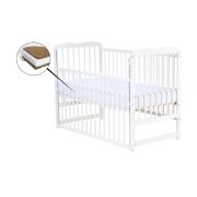 Qmini - Patut din lemn Agata 120x60 cm, Cu laterala culisanta, Din lemn de pin, Stabil si rezistent, Inaltime saltea reglabila pe 3 nivele, Laterala cu 3 bete detasabile, EN716-1, EN716-2, Alb + Saltea 10 cm BYNQMAGA10CM03AL