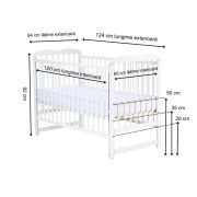 Qmini - Patut din lemn Agata 120x60 cm, Cu laterala culisanta, Din lemn de pin, Stabil si rezistent, Inaltime saltea reglabila pe 3 nivele, Laterala cu 3 bete detasabile, EN716-1, EN716-2, Alb + Saltea 8 cm BYNQMAGA8CM03AL
