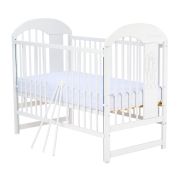 Qmini - Patut din lemn Julia II Elefantel 120x60 cm, Cu laterala culisanta, Din lemn de pin, Stabil si rezistent, Inaltime saltea reglabila pe 3 nivele, Laterala cu 3 bete detasabile, EN716-1, EN716-2, Alb + Saltea 10 cm BYNQMJUL10CM03AL