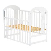 Qmini - Patut din lemn Julia II Elefantel 120x60 cm, Cu laterala culisanta, Din lemn de pin, Stabil si rezistent, Inaltime saltea reglabila pe 3 nivele, Laterala cu 3 bete detasabile, EN716-1, EN716-2, Alb + Saltea 12 cm BYNQMJUL12CM03AL
