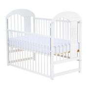 Qmini - Patut din lemn Julia II Elefantel 120x60 cm, Cu laterala culisanta, Din lemn de pin, Stabil si rezistent, Inaltime saltea reglabila pe 3 nivele, Laterala cu 3 bete detasabile, EN716-1, EN716-2, Alb BYNQMJUL03AL