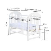 Qmini - Patut din lemn Julia II Elefantel 120x60 cm, Cu laterala culisanta, Din lemn de pin, Stabil si rezistent, Inaltime saltea reglabila pe 3 nivele, Laterala cu 3 bete detasabile, EN716-1, EN716-2, Alb BYNQMJUL03AL