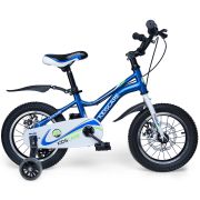 Bicicleta pentru copii 5-8 ani HappyCycles KidsCare, roti 16 inch, cu roti ajutatoare si frane pe disc, albastru SUPKC_HC16-blue