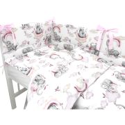 Qmini - Lenjerie patut 3 piese, Cu protectie laterala, Din bumbac certificat Oeko Tex Standard 100, Pentru patut 120x60 cm, Elephants on Rainbow Pink BYN6426972019910