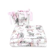 Qmini - Lenjerie patut 3 piese, Cu protectie laterala, Din bumbac certificat Oeko Tex Standard 100, Pentru patut 120x60 cm, Elephants on Rainbow Pink BYN6426972019910