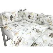 Qmini - Lenjerie patut 3 piese, Cu protectie laterala, Din bumbac certificat Oeko Tex Standard 100, Pentru patut 120x60 cm, Teddy Bear and Friends Beige BYN6426972019880