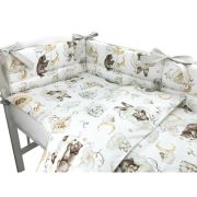 Qmini - Lenjerie patut 3 piese, Cu protectie laterala, Din bumbac certificat Oeko Tex Standard 100, Pentru patut 140x70 cm, Teddy Bear and Friends Beige BYN6426972019798
