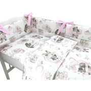 Qmini - Lenjerie patut 3 piese, Cu protectie laterala, Din bumbac certificat Oeko Tex Standard 100, Pentru patut 140x70 cm, Teddy Bear and Friends Pink BYN6426972019804