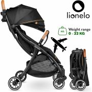 Lionelo - Carucior sport Julie One, De la nastere, Greutate redusa, Cu accesorii, Cadru din aluminiu, 0-22 kg, Conform cu standardele europene de securitate EN1888-1 si EN1888-2, Negru/Auriu BYNLO-JULIE_ONE_BLACK_GOLD