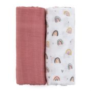 Petite&Mars - Set 2 scutece din muselina de bambus Misty Rose Rainbow, Hipoalergenice, Dimensiuni mari 120 x 120 cm, Certificate Oeko Tex Standard 100, Multicolor BYN417362