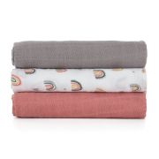 Petite&Mars - Set 3 scutece din muselina de bambus Moussy Rose Rainbow, Hipoalergenice, 68 x 68 cm, Certificate Oeko Tex Standard 100, Multicolor BYN415362