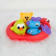 Set 3 animalute de baie si barca plutitoare, Fara gauri, Cu gentuta pentru transport, Fara BPA, Splash and Float Friends, Playgro, Multicolor BYN188414