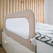 Bariera de protectie pentru pat bebe, Rabatabila, Instalare usoara, Dimensiune 135 x 57 cm, FreeON, Little Dots, Beige BYN48464